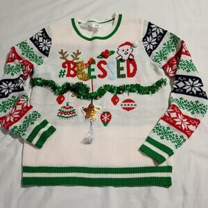 Ugly Christmas Sweater Kids L (11-13) BLESSED 3D Garland Sequins PomPoms